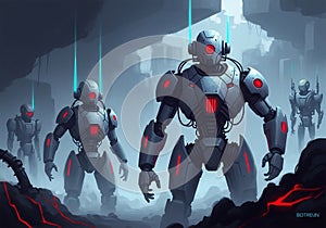 Advanced humanoid robots stand in a science fiction-like