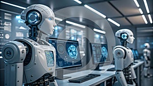 Advanced Humanoid Robots Working in Modern Tech Lab AI Development AI generated.