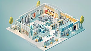 Advanced isometric 3D composition of a multistore exhibition in  art