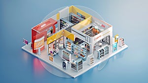 Advanced isometric 3D composition of a multistore exhibition in  art