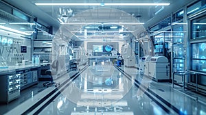 An advanced laboratory filled with high-tech gadgets and modern equipment, reflecting a sterile and precise environment