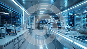 An advanced laboratory filled with high-tech gadgets and modern equipment, reflecting a sterile and precise environment