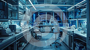 An advanced laboratory filled with high-tech gadgets and modern equipment, reflecting a sterile and precise environment