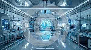 An advanced laboratory filled with high-tech gadgets and modern equipment, reflecting a sterile and precise environment