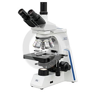 Advanced laboratory microscope with multiple objective lenses and adjustable stage