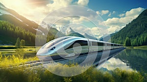 Advanced maglev train speeding through futuristic scenery