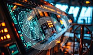 Advanced maritime navigation radar screen glowing in a dimly lit ships bridge, highlighting the sophisticated technology