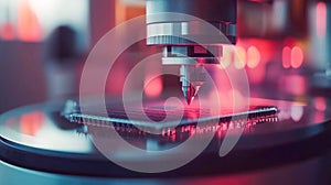 An advanced micro-scaling machine creating microchips. Precision and technology in high-tech manufacturing