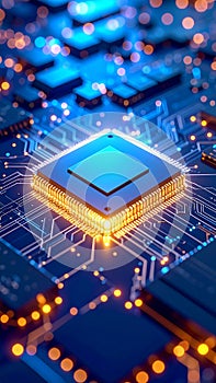 Advanced microchip with glowing connections on a futuristic circuit board symbolizing data processing and digital