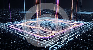 Futuristic cpu microchip processing data with neon energy flow technology concept