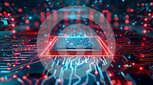 Advanced Microchip with Glowing Red Circuitry