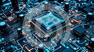 Advanced Microchip: High-Tech Motherboard, AI Circuitry, Neural Network, Quantum Computing, And Data Processing Power