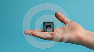 Advanced microchip in outstretched hand against blue background