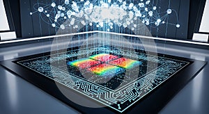 Advanced microchip processing data with glowing circuit board and abstract neural network