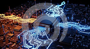 Advanced Microchip Technology with Glowing Circuits Depicting Futuristic Computing Data Processing and HighTech Engineering