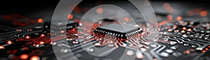 Advanced microchip technology with glowing red lights on a complex circuit board illustrating modern computing data processing and