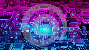 Advanced microchip technology powers the interconnected digital circuit board.