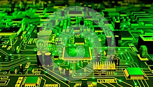 Advanced microchip technology powers the interconnected digital circuit board.