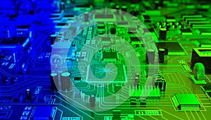 Advanced microchip technology powers the interconnected digital circuit board.