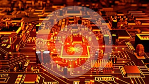 Advanced microchip technology powers the interconnected digital circuit board.