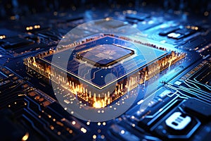 Advanced Microprocessor on Blue Circuit Board with Glowing Connections. Generative AI