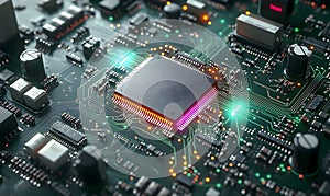 Advanced microprocessor chip on circuit board with glowing connections