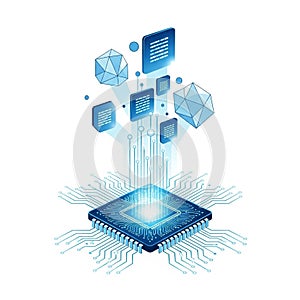 Advanced microprocessor chip connected to cloud data storage and global network technology infrastructure