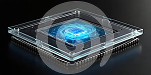 Advanced microprocessor chip technology with glowing blue energy visualization on dark background