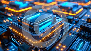 Advanced Microprocessor on Circuit Board with Illuminated Data Paths and Electronic Components