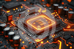 Advanced Microprocessor on Circuit Board in Red Glow