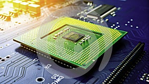 Advanced microprocessor on circuit board showcasing modern technology under soft lighting