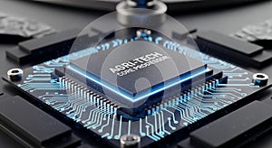Advanced Microprocessor CPU with Blue Neon Circuitry and Futuristic Digital Technology Elements Symbolizing Innovation and