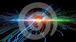 Advanced microprocessor with futuristic circuitry glowing with bright digital energy and data flow