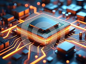 Advanced Microprocessor and Integrated Circuitry on a Glowing Motherboard