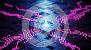 Advanced Microprocessor Technology With Glowing Pink Circuits and Blue Background