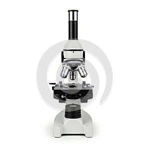 Advanced microscope setup isolated on white background
