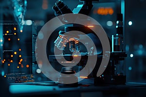 Advanced microscope technology in a modern laboratory setting at night