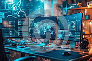 Advanced monitoring setup with multiple screens displaying global data maps and analytics