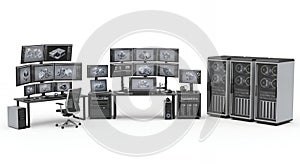 Advanced Network Server Room with Multiple Monitors and Data Racks on White Backdrop Data Processing and Server
