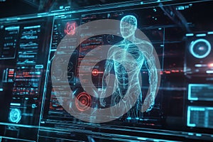 An advanced neural interface displaying glowing digital circuits, interconnected data streams, and