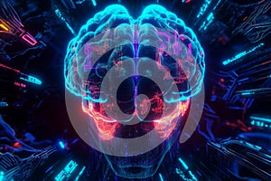 An advanced neural interface displaying glowing digital circuits, interconnected data streams, and