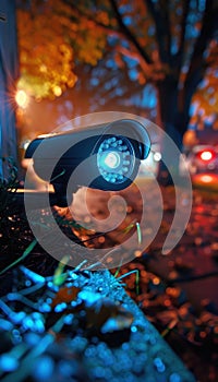 Advanced Night Vision Home Security Camera Capturing Motion Detection at Night photo