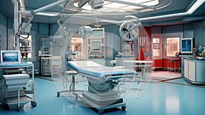 In an advanced operating room with lots of equipment, patient and working surgical specialists