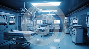 In an advanced operating room with lots of equipment, patient and working surgical specialists