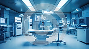 In an advanced operating room with lots of equipment, patient and working surgical specialists