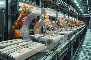 Advanced Orange Robot Arms Assemble Packages in State-of-the-Art Production Line Facility