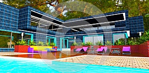 Advanced private house in a dense pine forest. Relax area near the pool. Day facade illumination. 3d rendering