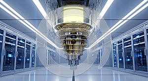 Advanced quantum computer server room with glowing central processor and rows of server racks background