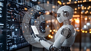 Advanced Robot Analyzing Complex Data On Large Screen