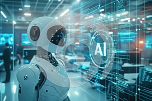 Advanced robot analyzing complex data related to artificial intelligence on futuristic screen